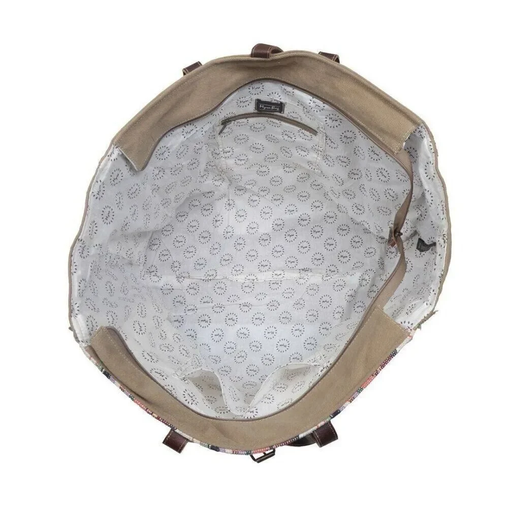 Myra Bag Handmade Honey Weekender Bag Upcycled Canvas & Cowhide Leather